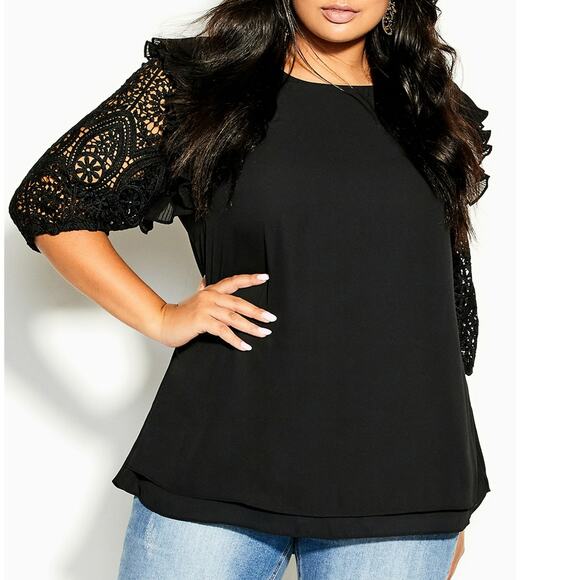 City Chic Tops - CITY CHIC Blouse Size XL/22 Lace Breeze Top Black Embroidered Eyelet Statement